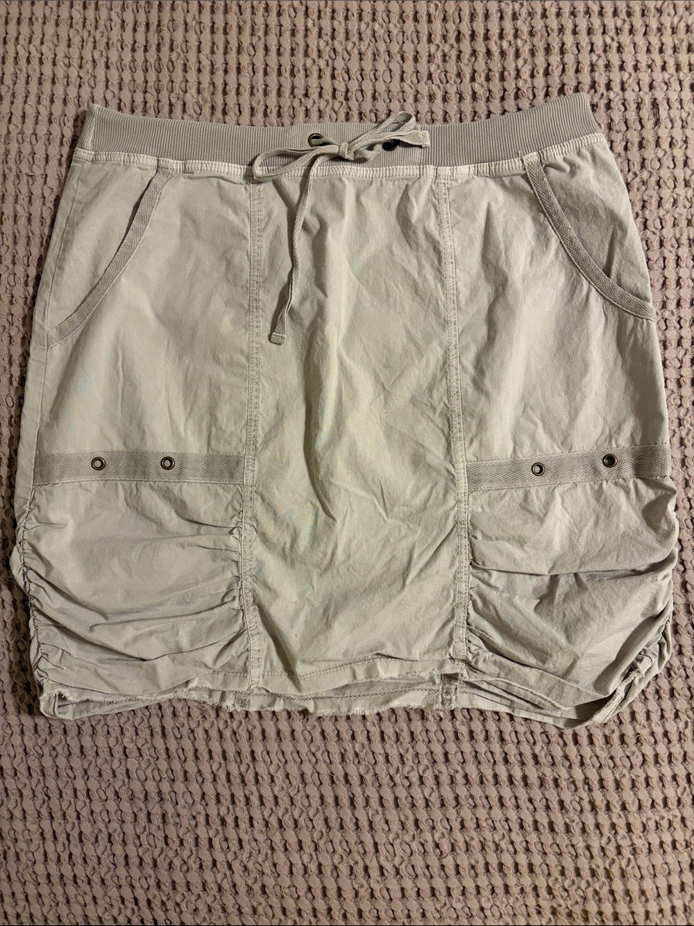 Light Beige Drawstring Cargo Frayed Hem Mini Skirt